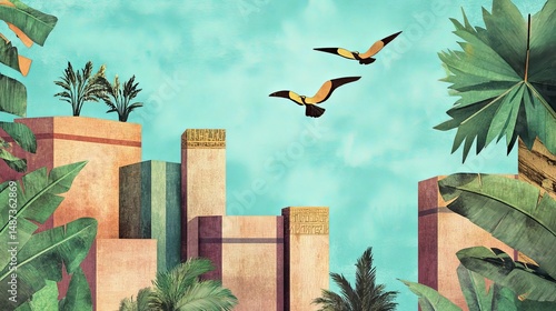 Illustration of buildings with plants and birds against a blue sky background.