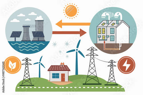 Create a bold, vector illustration depicting the transition to alternative energy sources, showcasing various renewable technologies.