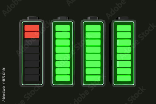 Create a vector illustration of a battery charging, showcasing glowing power bars indicating increasing charge level.  Focus on a clean, modern aesthetic.