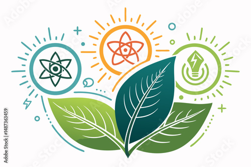 Create a vibrant vector illustration showcasing a bold, stylized leaf powering a bioenergy fusion device, emphasizing sustainable energy.