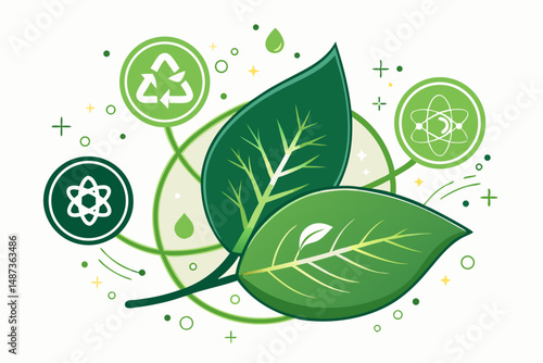 Design a vibrant vector illustration depicting a bold, stylized leaf powering a futuristic energy fusion reactor, symbolizing bioenergy.