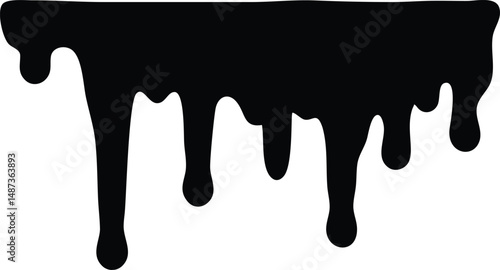 A black, viscous fluid is dripping downward against an isolated plain white background