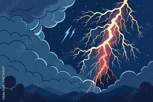 Create a vibrant vector illustration of a stylized bold lightning storm, emphasizing dynamic energy and electrifying effects.  Focus on a striking visual impact.