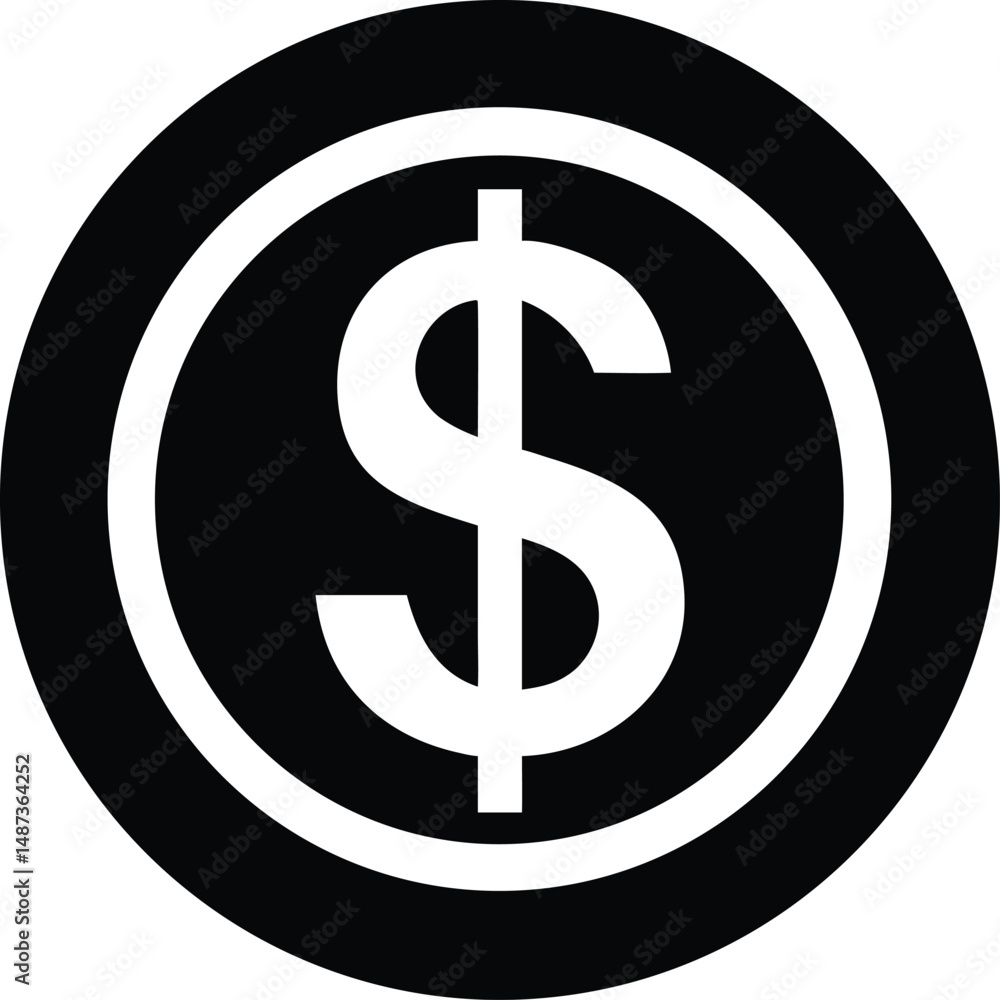 A bold black and white coin features the dollar symbol prominently in its design A bold black and white coin features the dollar symbol prominently in its design
