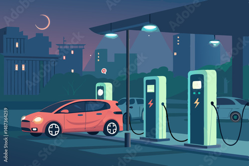 Create a vibrant vector illustration of a futuristic electric vehicle charging station at night, showcasing a glowing EV and illuminated charging cables.