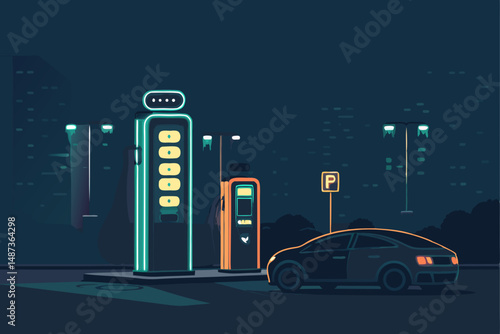 Design a sleek vector icon of an electric vehicle charging station, featuring a glowing indicator light to signify active charging.  Include realistic details.