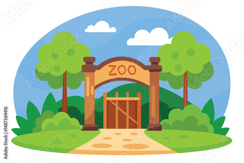 A cartoon zoo entrance features wooden gates and lush green trees around the area