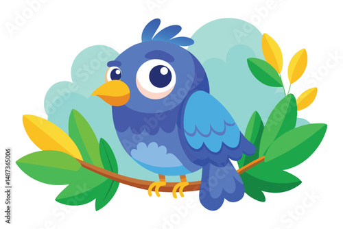 A cute bluebird with yellow beak and feet rests on a tree branch happily