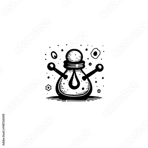 Stylized black and white graphic rendering of an apothecary jar with fluid