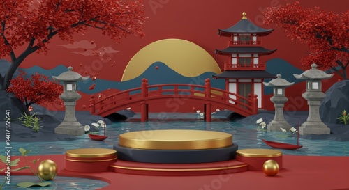 Elegant japanese podium scene featuring a pagoda and red bridge for product display