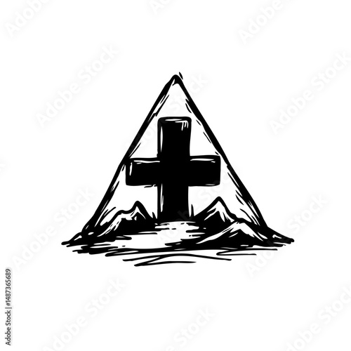 Stylized cross silhouette encased within a triangle mountain illustration