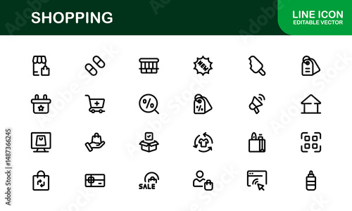 Trendy Shopping Symbols Collection. Stylish Retail, E-Commerce, and Market-Themed Vector Illustrations for Websites, Apps, and Digital Stores