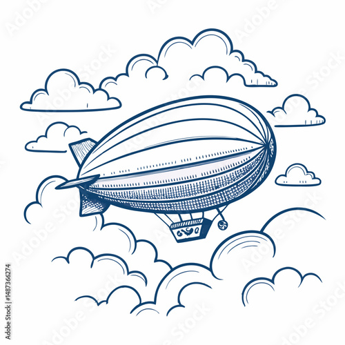 Create a bold, vector illustration of a blimp floating amidst a serene, cloudy sky.  Focus on a strong, thick outline.