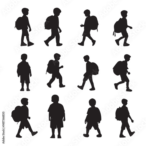 Vector Boy goes with his backpack to school of silhouettes