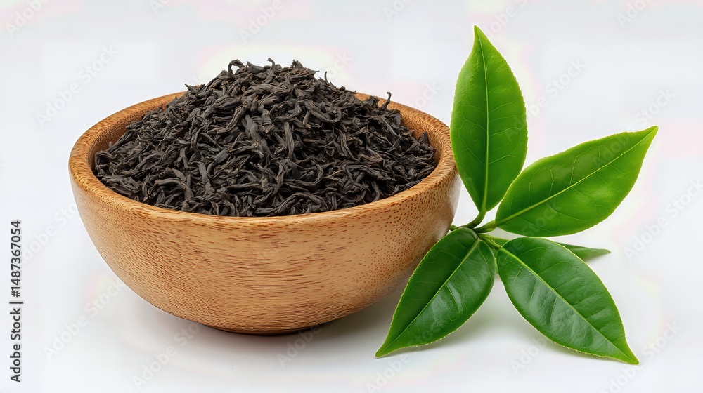 A bowl of dried black tea leaves rests beside fresh green leaves, showcasing the journey from plant to brew.
A bowl of dried black tea leaves rests beside fresh green leaves, showcasing the journey from plant to brew.