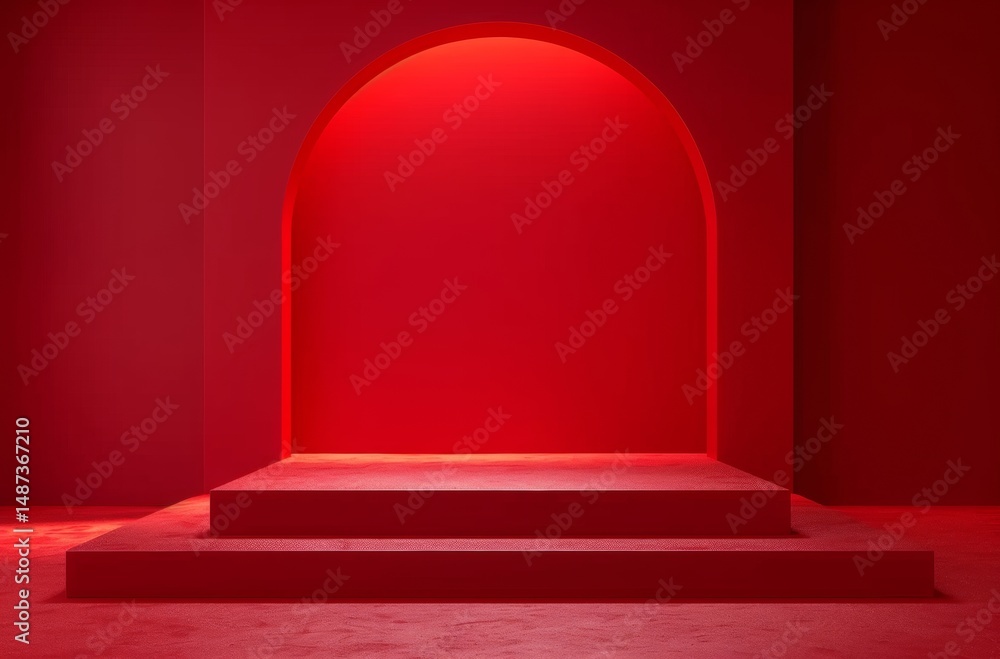 Fototapeta premium Vibrant red hexagonal tiered podium stands illuminated by a soft light beam against a matching backdrop for product presentation.