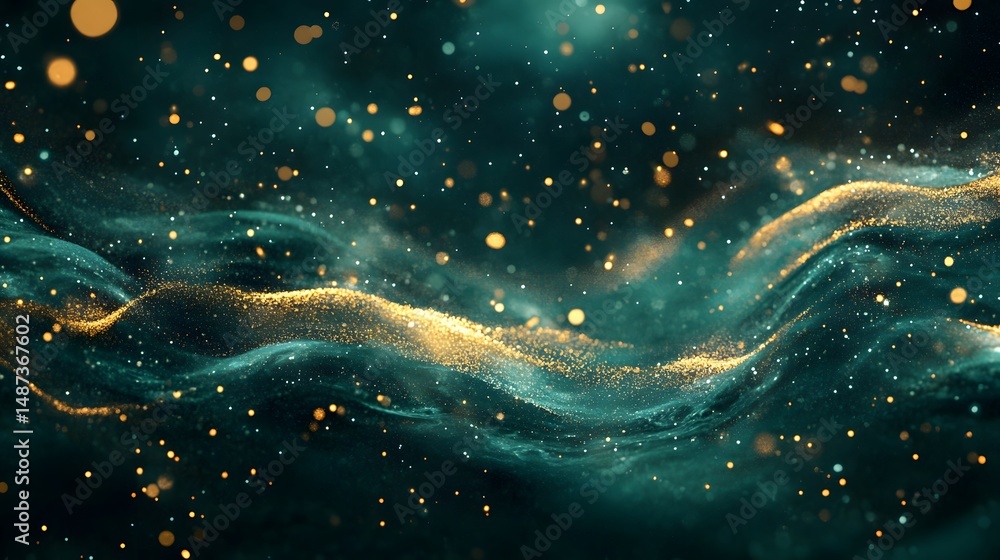 Fototapeta premium Deep malachite green gradient with golden glint and sparkling motion