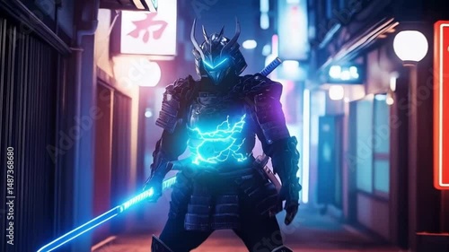 Futuristic cyber samurai stands boldly in neon lit alley