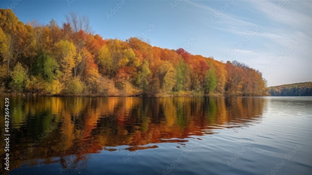 Autumnal foliage reflected in a calm lake. Autumnal foliage reflected in a calm lake.