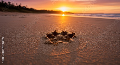 Paw Print in the Sand at Sunrise: A Coastal Serenity