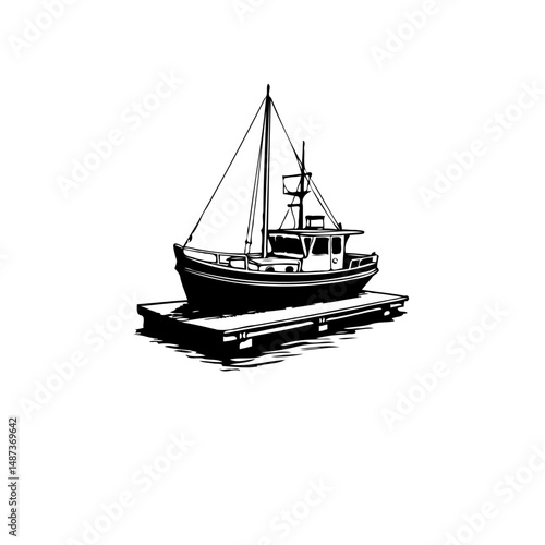 Monochromatic illustration of a fishing boat moored to a dock under clear skies