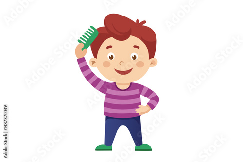Animated fair skinned boy is combing his short red hair with a green comb