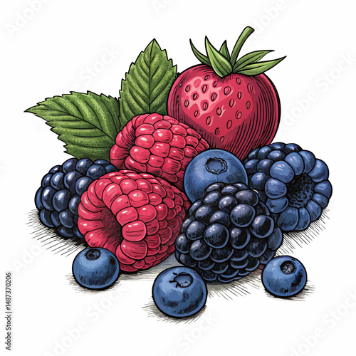 Create a bold, vector illustration of a dense cluster of mixed berries, emphasizing strong outlines and vibrant colors.