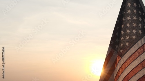 Memorial Day USA. Remember and Honor. Silhouettes of American flag waving on background of beautiful sunset or sunrise for honoring, mourning USA military. Memorial Day, Happy Holiday American Concept