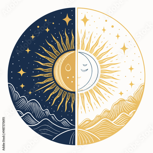 Create a bold, vector illustration of a perfectly split day and night scene;  half sunlit, half moonlit, with strong contrasting colors and thick outlines.