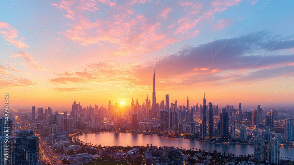 Obraz premium Aerial view of a sophisticated cityscape aglow with radiant sunset oranges and festive tones, embodying luxury and innovation.