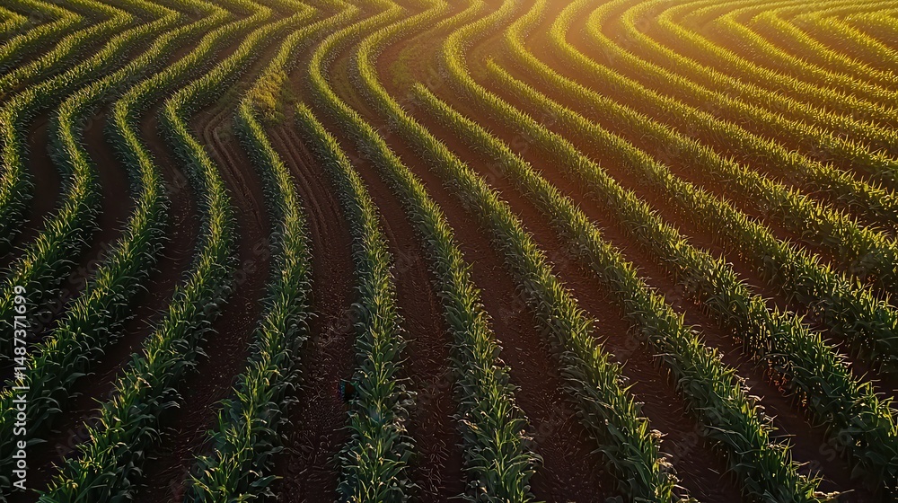 Corn field patterns viewed from above displaying alternating rows of young emerald stalks creating rhythmic striped textures with golden hour shadows stretching across agricultural landscape Corn field patterns viewed from above displaying alternating rows of young emerald stalks creating rhythmic striped textures with golden hour shadows stretching across agricultural landscape