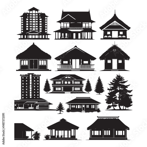 set of black various resort vector silhouettes isolated on white background