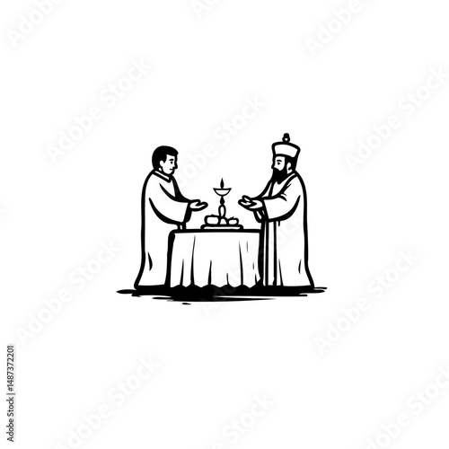 Ceremonial depiction featuring robed individuals gathered around a decorated table