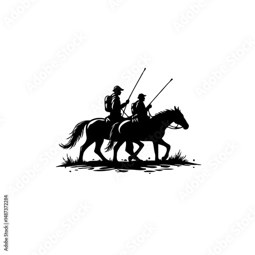 Equestrian journey silhouette depicting a duo on horseback with spears ready