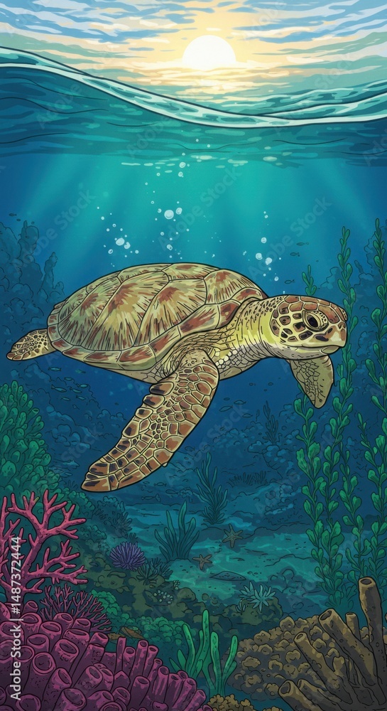 Fototapeta premium Ocean's Gentle Giant: A Sea Turtle's Underwater Realm