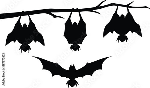 Black bat silhouettes hang upside down from a branch, another flies below