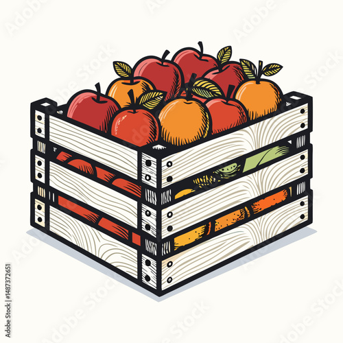 Create a bold vector illustration of a full wooden fruit crate, emphasizing strong black outlines and detailed fruit within.  Include realistic textures.