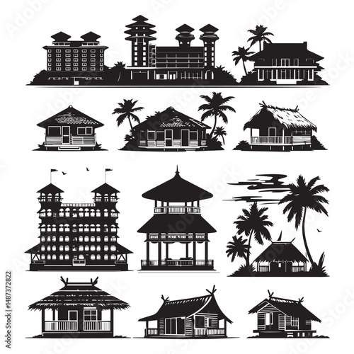 set of black various resort vector silhouettes isolated on white background