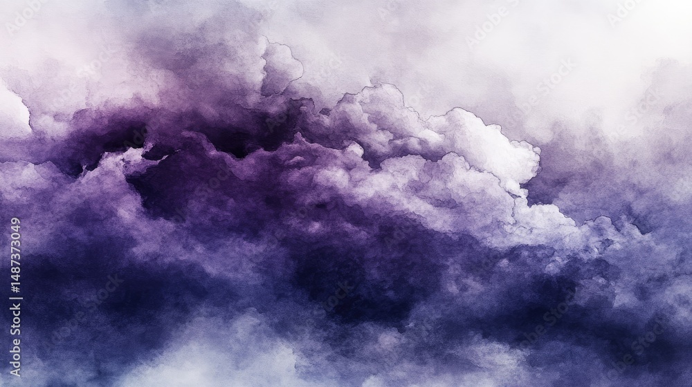Fototapeta premium Abstract painting of swirling cloudscapes in shades of purple and white.