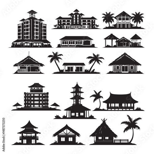 set of black various resort vector silhouettes isolated on white background
