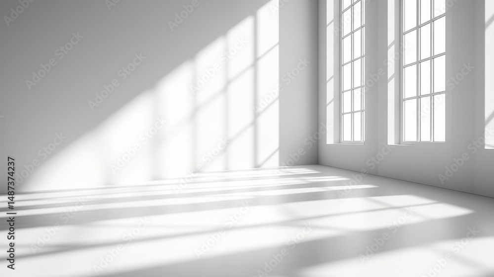 Fototapeta premium Bright Sunlight in a Minimalist White Room with Large Windows