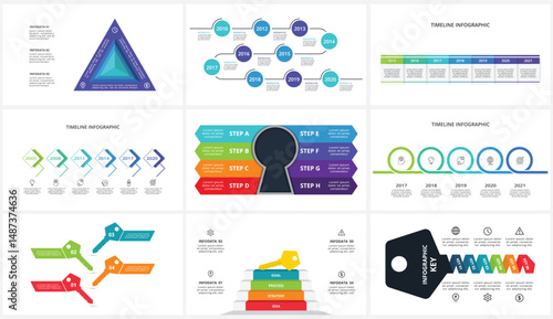 Set creative concept for infographic with 3, 4, 5, 6, 7, 8, 10 steps, template for web on a black background.
