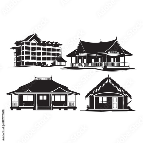 set of black various resort vector silhouettes isolated on white background