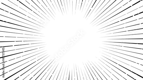 Black-and-white concentrated line background. Japanese manga-like concentrated line background. Light like sunlight.