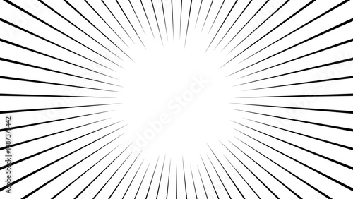 Black-and-white concentrated line background. Japanese manga-like concentrated line background. Light like sunlight.