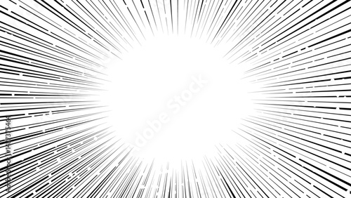 Black-and-white concentrated line background. Japanese manga-like concentrated line background. Light like sunlight.
