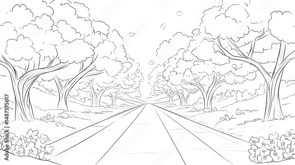 Naklejka premium Sketchy Road Through Trees, Useable as Background Image