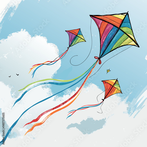 Create a vector illustration of bold, black stroked kites flying high in a clear sky, incorporating the letter 'L' creatively into the kite design.