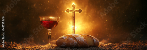Unleavened Bread With Chalice Of Wine And Cross Light