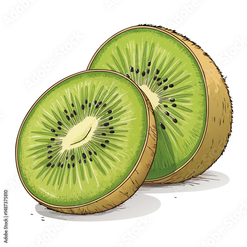 Create a bold, vector illustration of a sliced open kiwi fruit, showcasing its vibrant green flesh and black seeds.  High detail, clean lines.